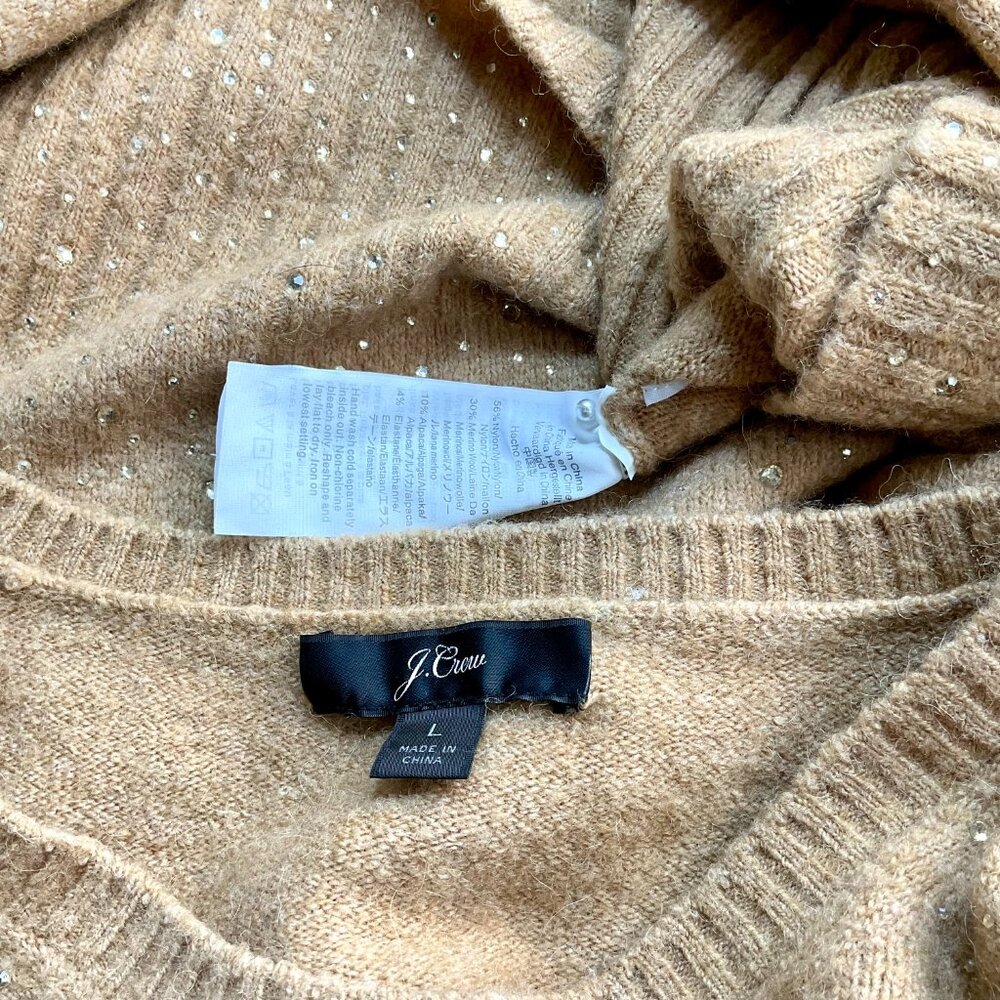 X J Crew Sweater Tan Camel with Rhinestones Merino Wool Alpaca Blend (L) - Picture 5 of 8